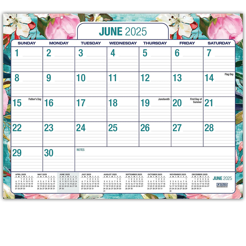 2025-2026 Global Printed Products Teal Floral 22" x 17" Desk Pad Calendar, Multicolor (NAD26-DP-17)