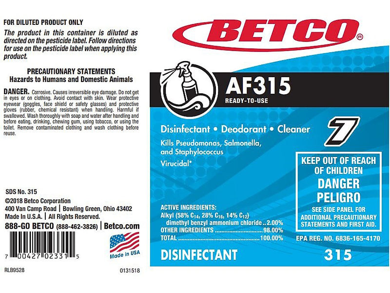 Betco AF315 Disinfectant Secondary Label, 4" x 6", Multicolor, 24 Labels/Pack (3159090)