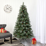 Nearly Natural 6-ft Snowed French Alps Mountain Pine Artificial Christmas Tree with 583 Bendable Branches and Pine Cones (T1859)