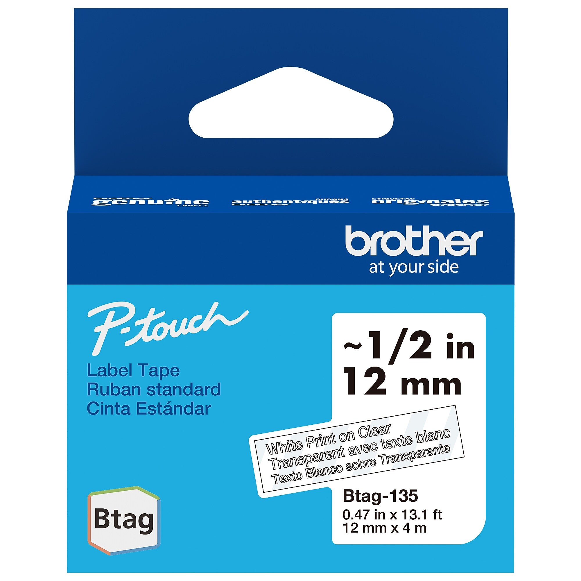 Brother P-touch Btag Label Tape, 1/2" x 13.1' (12mm x 4m), White on Clear (BTAG135)