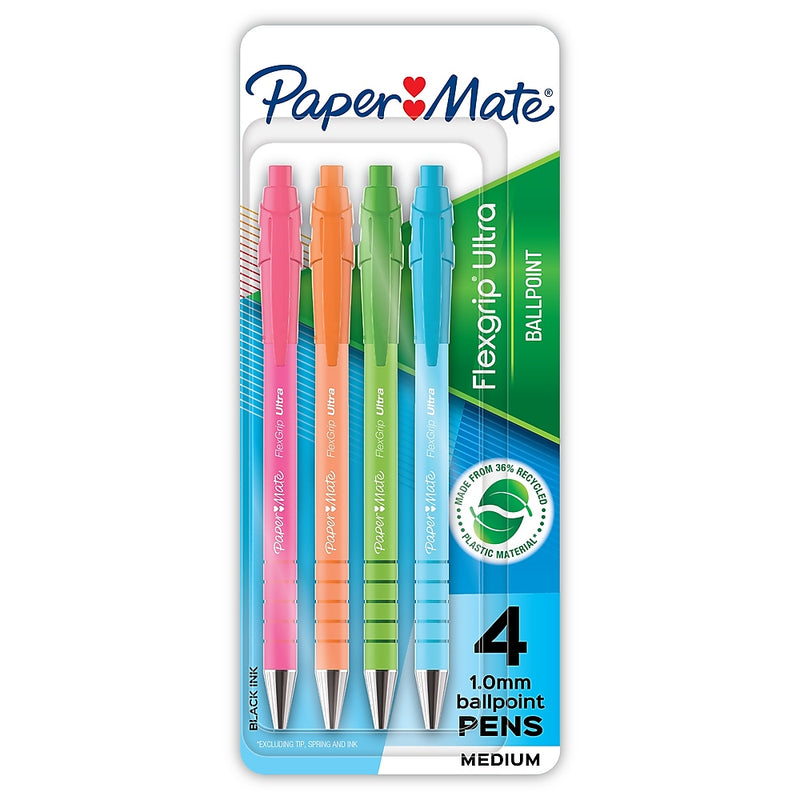 Paper Mate FlexGrip Ultra Retractable Ballpoint Pen, Medium Point, 1.0mm, Black Ink, 4/Pack (2202864)