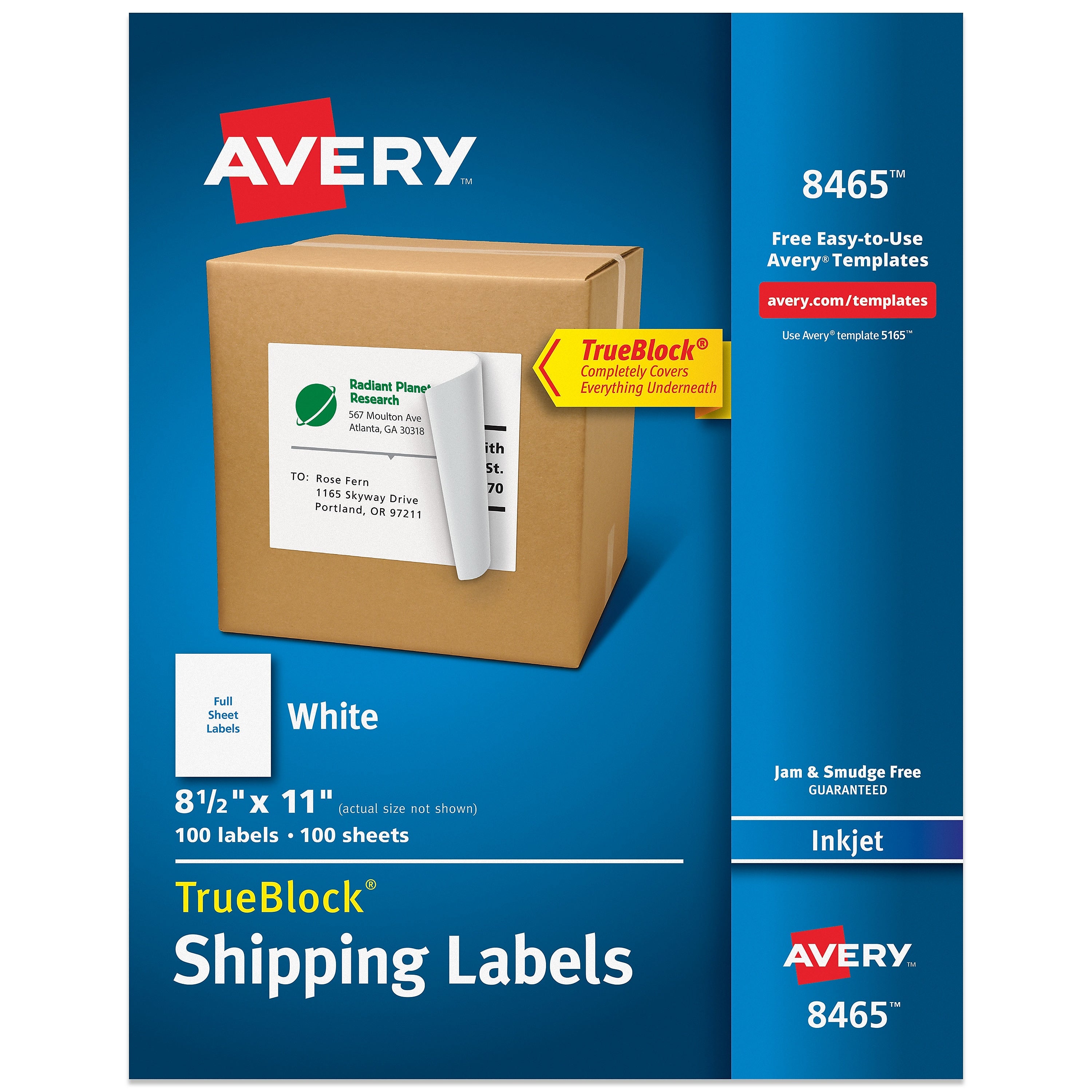 Avery TrueBlock Inkjet Shipping Labels, 8.5" x 11", Matte White, 100 Labels/Box (8465)