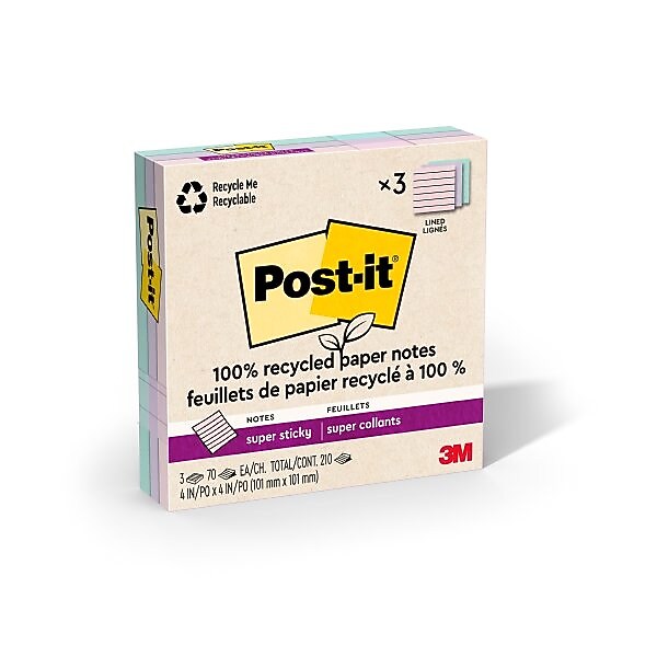 Post-it Recycled Super Sticky Notes, 4" x 4", Wanderlust Pastels Collection, Lined, 70 Sheets/Pad, 3 Pads/Pack (675R-3SSNRP)