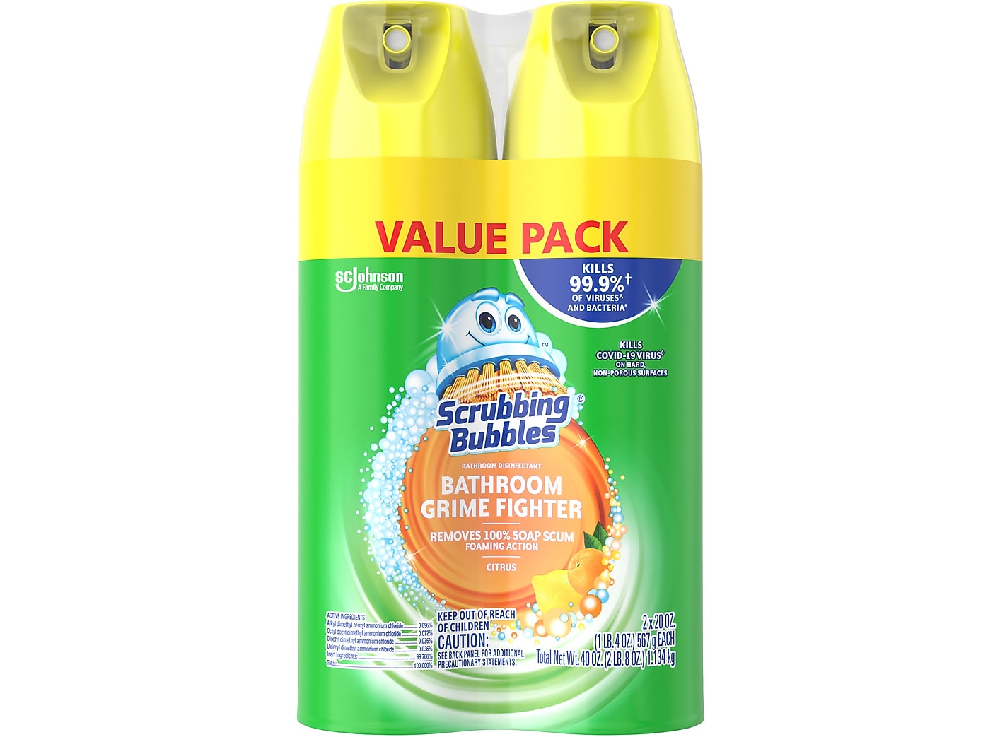 Scrubbing Bubbles Bathroom Grime Fighter Disinfecting Surface Cleaner Aerosol, Citrus Scent, 20 oz., 2/Pack (306381)