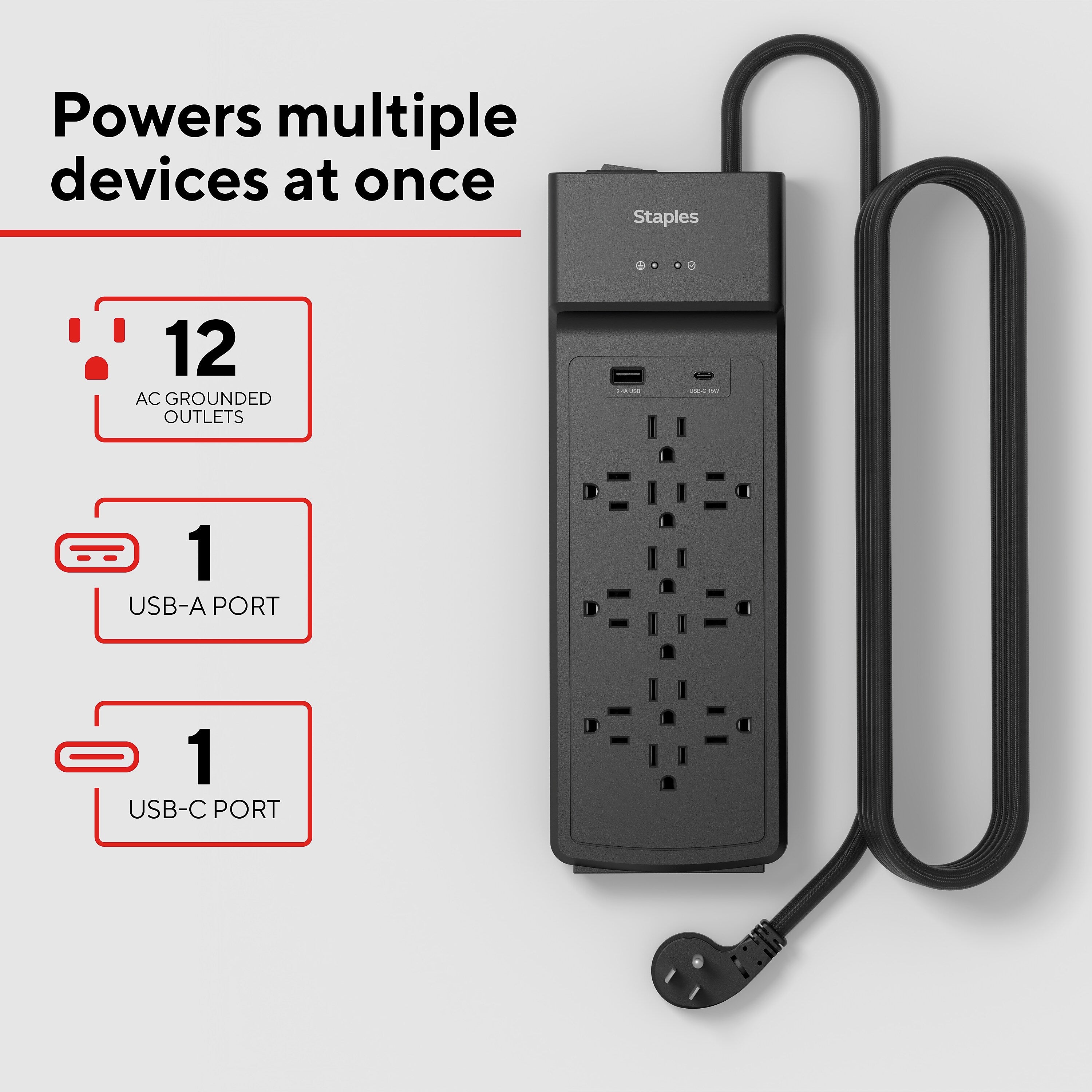 Staples TECH 12-Outlet 2-USB Port Surge Protector, 8', 3900 Joules, Black (ST62774)
