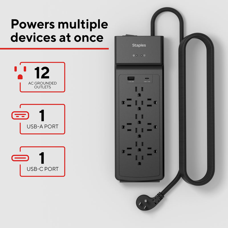 Staples TECH 12-Outlet 2-USB Port Surge Protector, 8', 3900 Joules, Black (ST62774)
