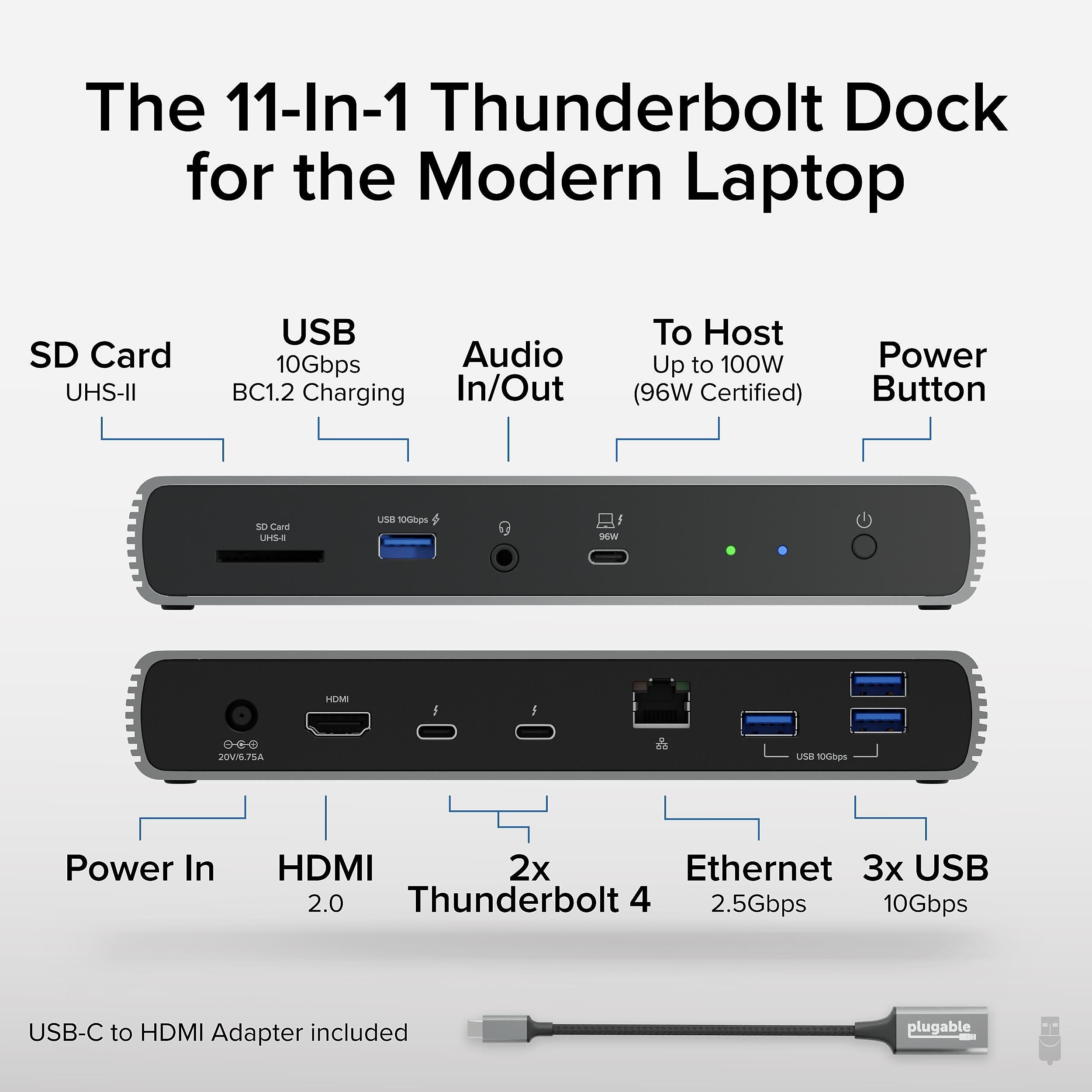 Plugable Thunderbolt 4 & USB4 HDMI Docking Station, 96W, Silver/Black (TBT4-UDX1)