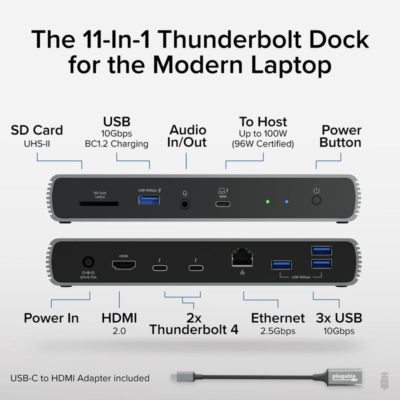 Plugable Thunderbolt 4 & USB4 HDMI Docking Station, 96W, Silver/Black (TBT4-UDX1)