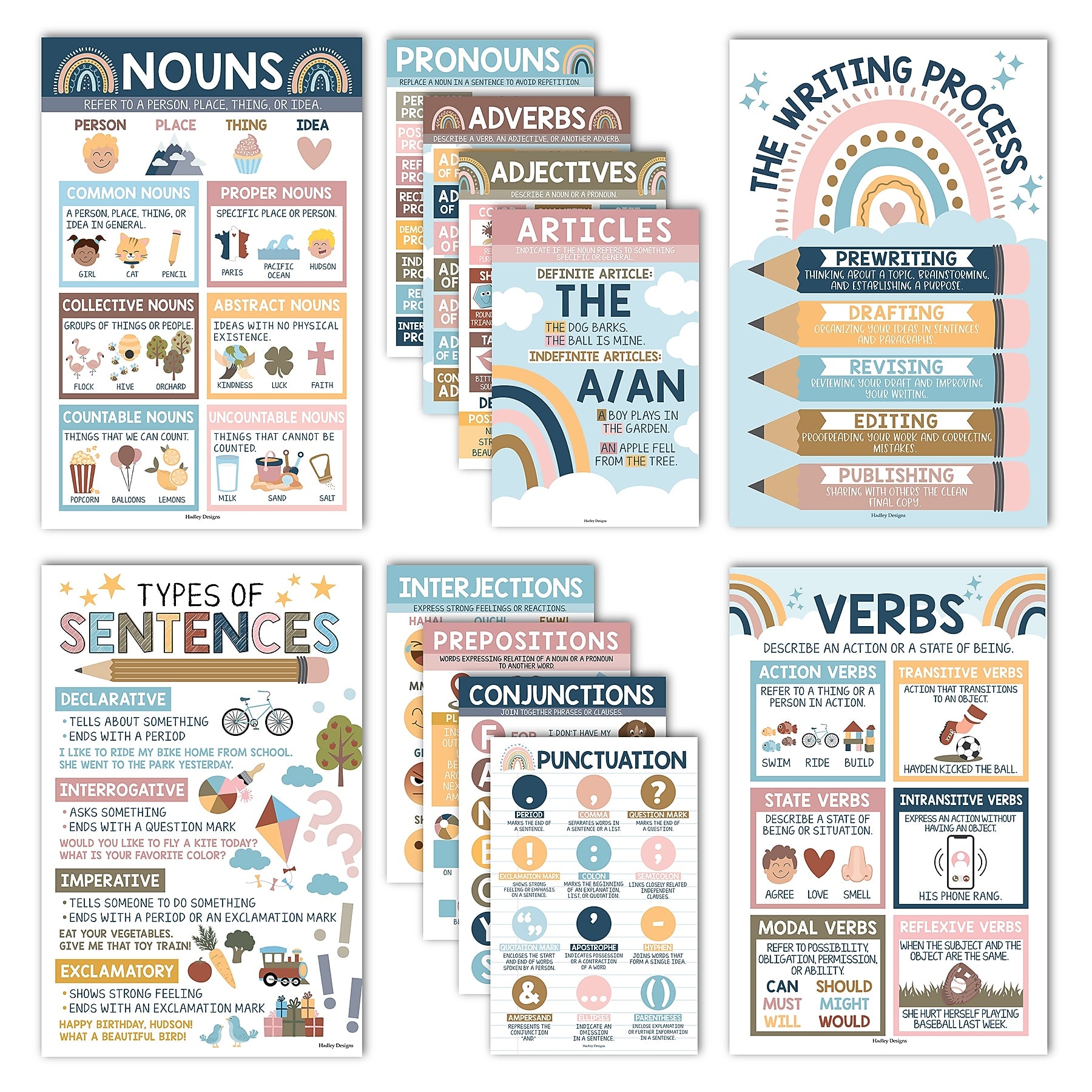 Hadley Designs 11" x 17" Boho Parts of Speech Language Arts and Grammar Laminated Posters, 12/Set (HDDX004A2K2JT)
