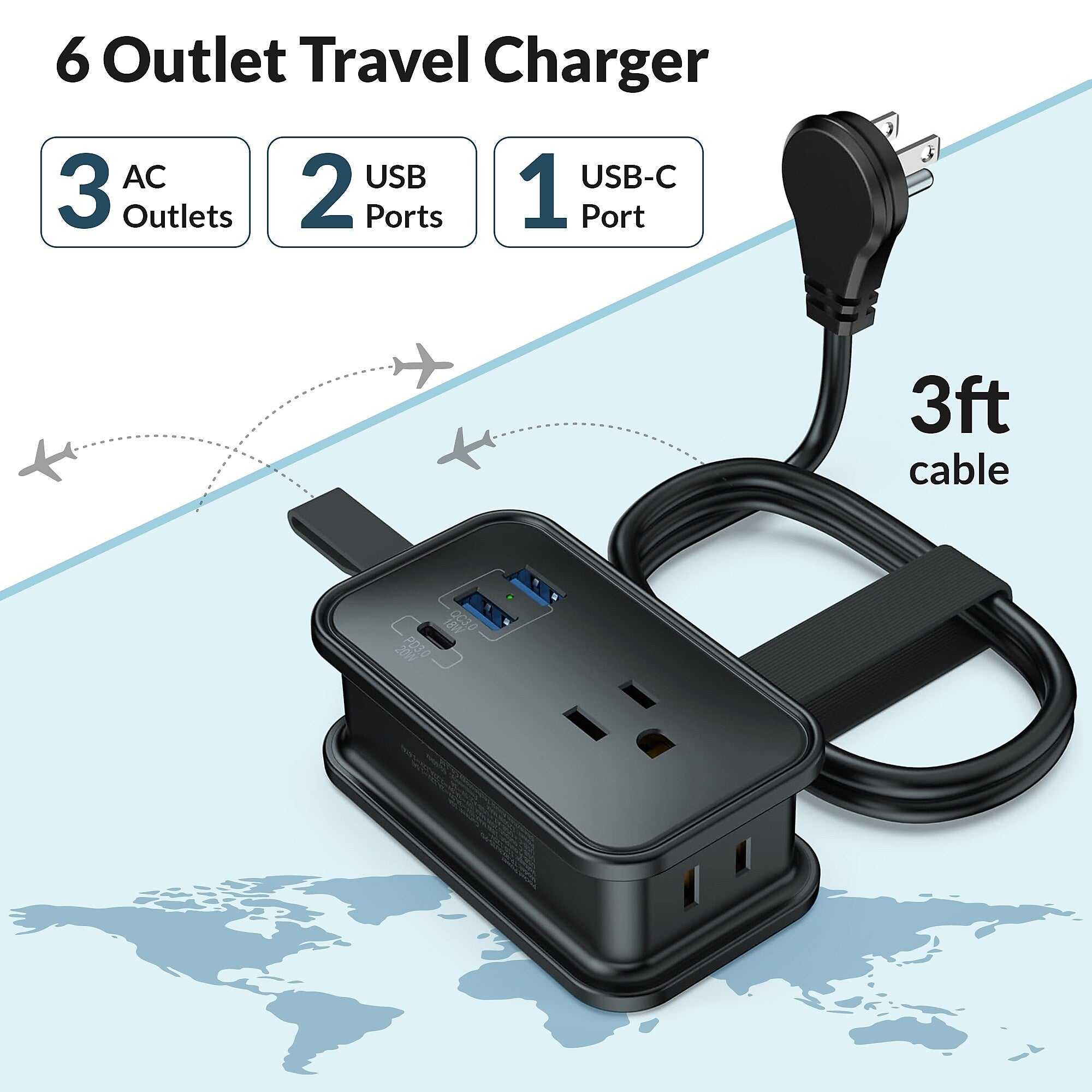 Uncaged Ergonomics 3-Outlet 3-USB Port Power Strip, 3', Black (TC-b)