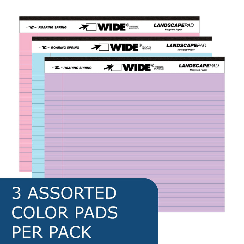 Roaring Spring WIDE Landscape Notepad, College Ruled, 11" x 9.5", Assorted Colors, 40 Sheets, 3/Pack (74535)