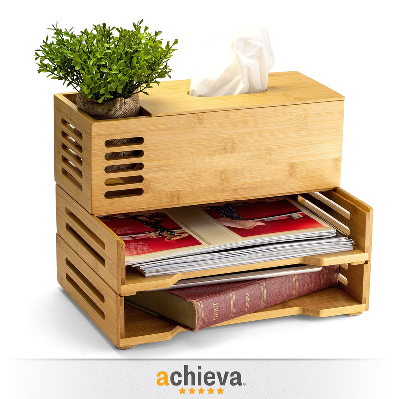 Officemate Bamboo Desk Accessories 2-Compartment Stackable Bamboo Desk Organizer, Natural Wood Grain (71001)