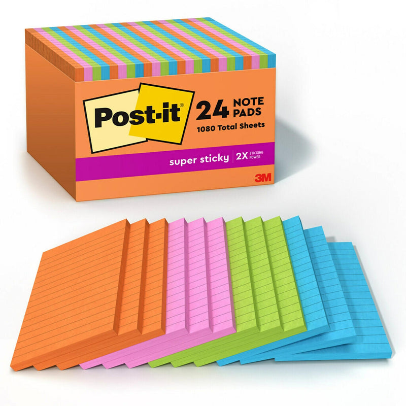 Post-it® Super Sticky Note, 4" x 6", Energy Boost Collection, Lined, 45 Sheets/Pad, 24 Pads/Pack (660-24SSAU-CP)