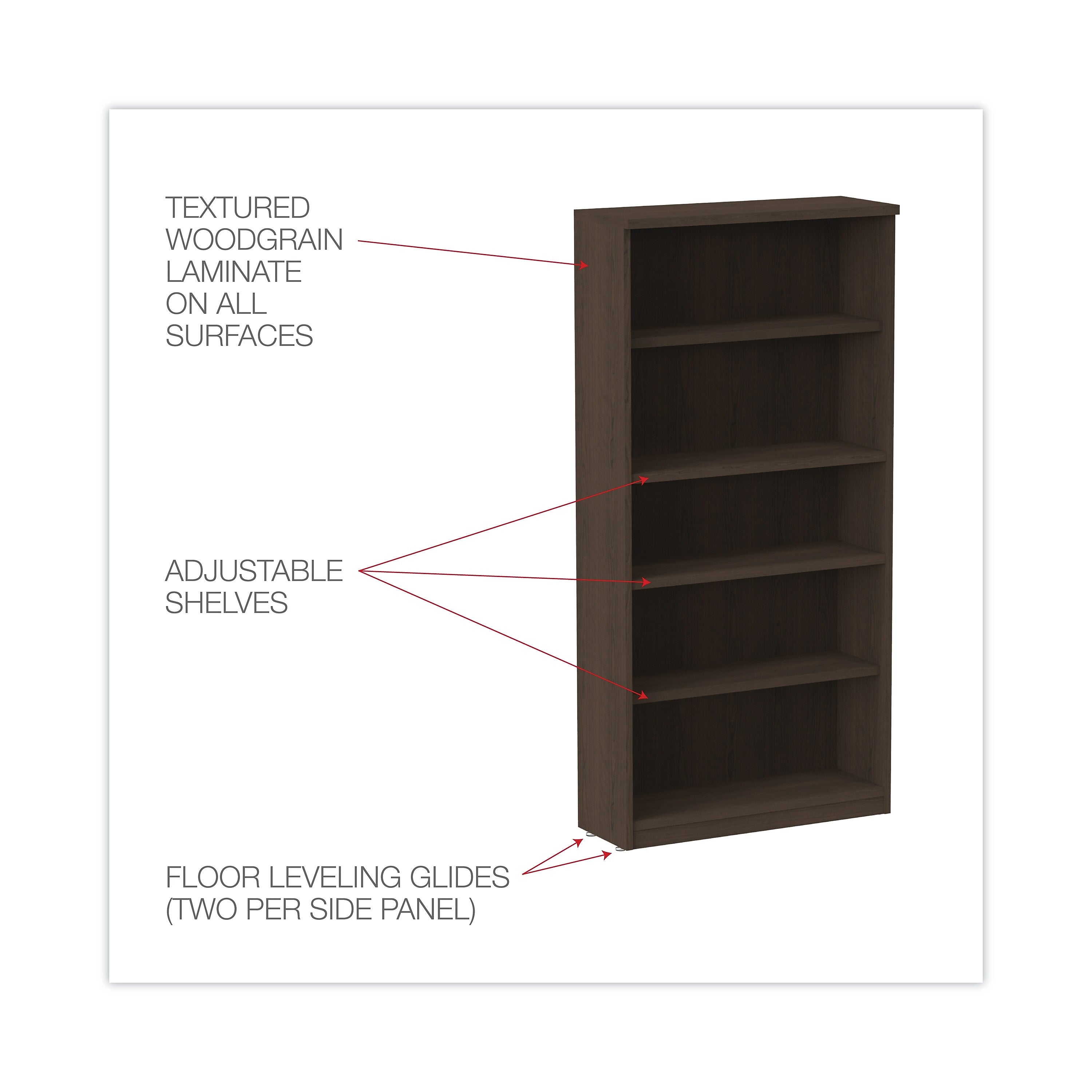 Alera Valencia Series 65"H 5-Shelf Bookcase with Adjustable Shelves, Espresso (ALEVA636632ES)