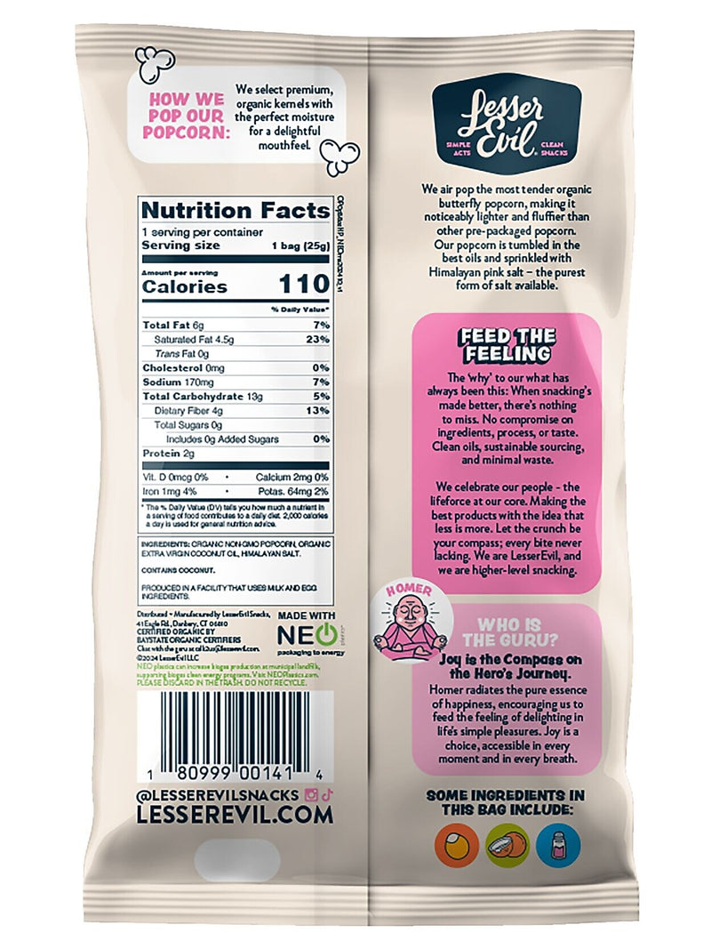 Lesser Evil Snack Organic Himalayan Pink Salt Popcorn, 0.88 oz., 18 Bags/Carton (LSN00141)