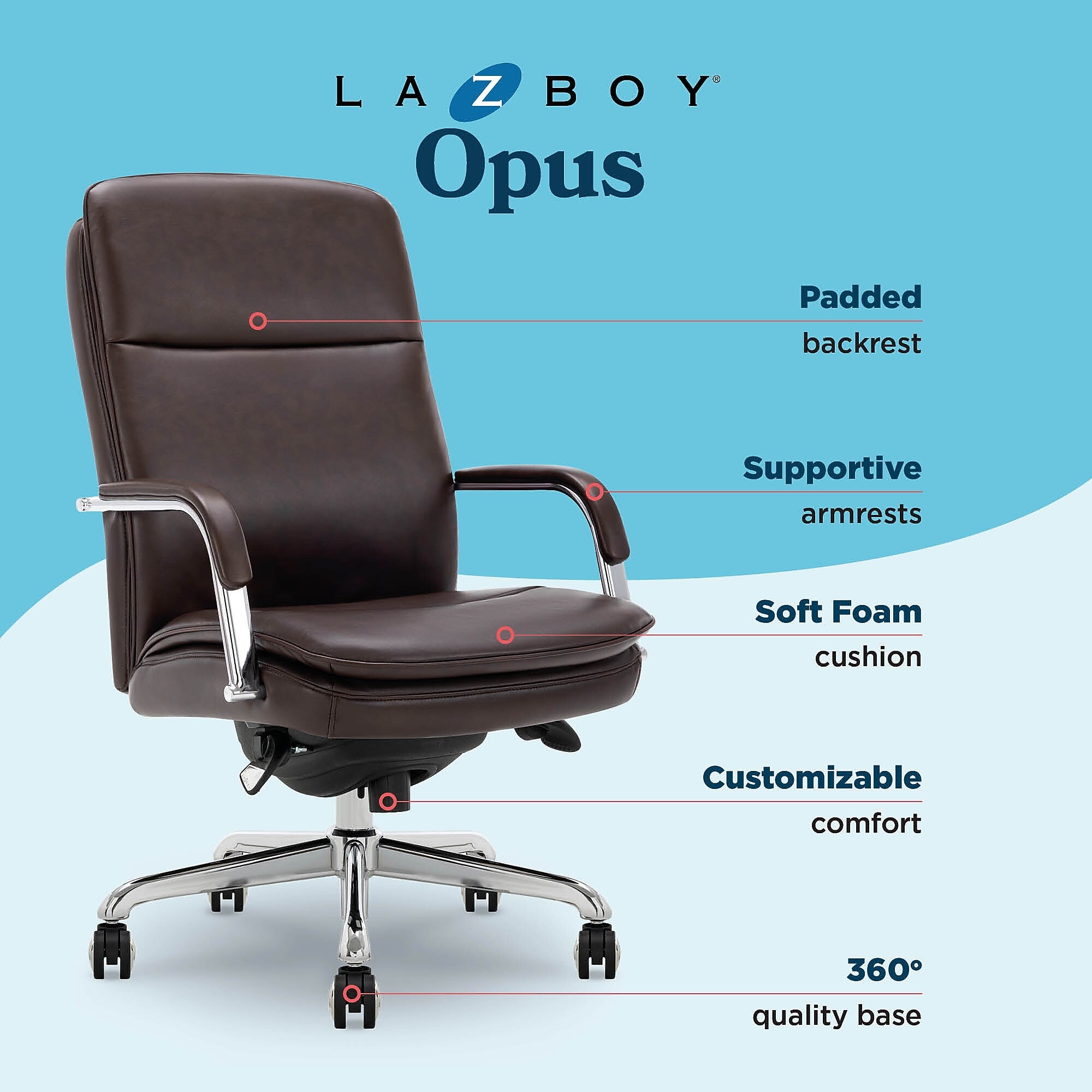 La-Z-Boy Opus Ergonomic Bonded Leather Swivel Executive Chair, Dark Brown and Chrome (CCHR10015E)