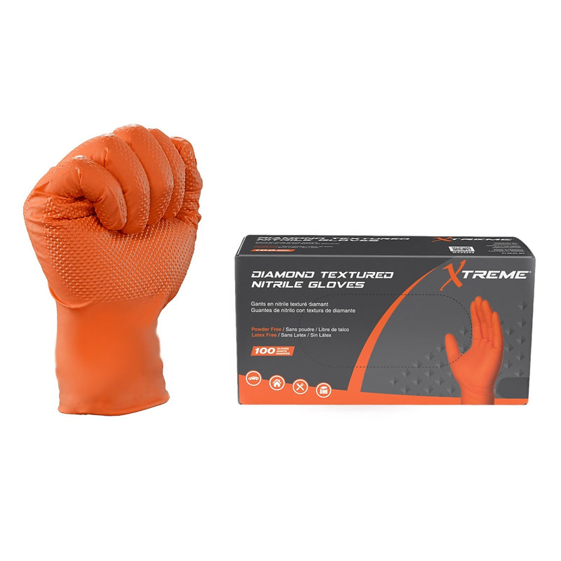 Ammex Xtreme Diamond Texture Orange Nitrile Powder Free Medium Industrial Gloves