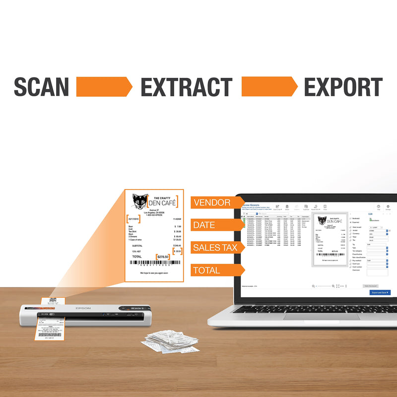 Epson RapidReceipt RR-70W Wireless Portable Document Scanner, White/Black (B11B253205)