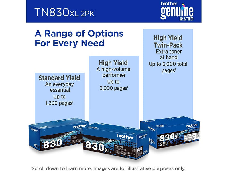 Brother TN830XL Black High Yield Toner Cartridge 2/Pack (TN830XL2PK), print up to 3,000 pages