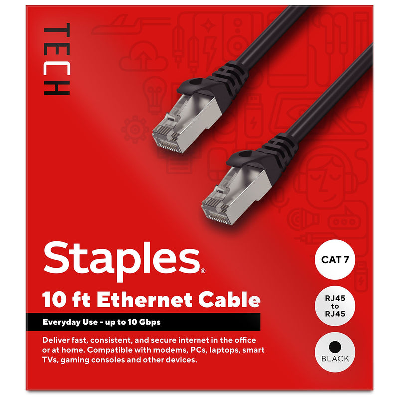 Staples TECH 10' Cat 7 Ethernet Cable, Male to Male, Black (ST62461)