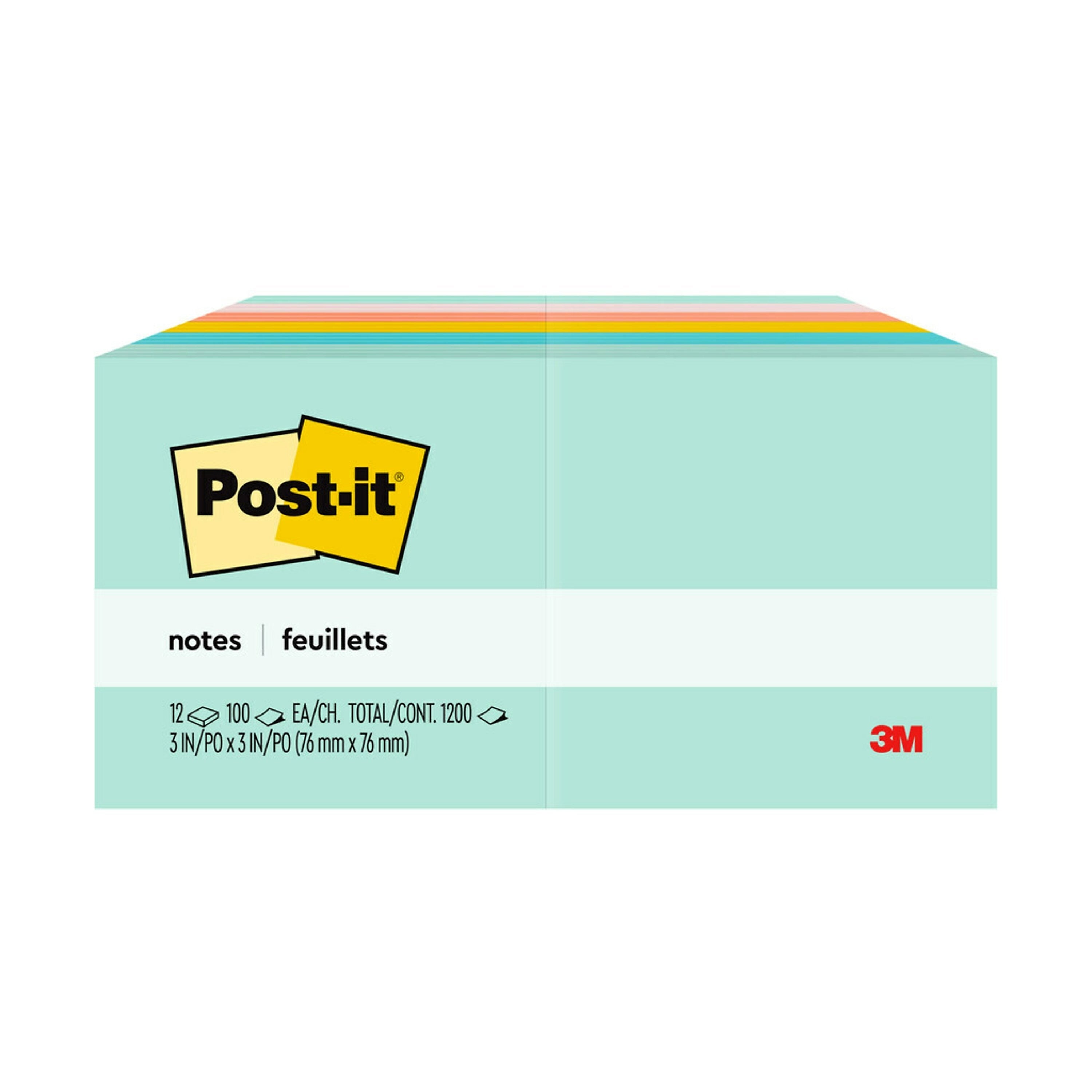 Post-it Notes, 3" x 3", Beachside Café Collection, 100 Sheet/Pad, 12 Pads/Pack (654AST)
