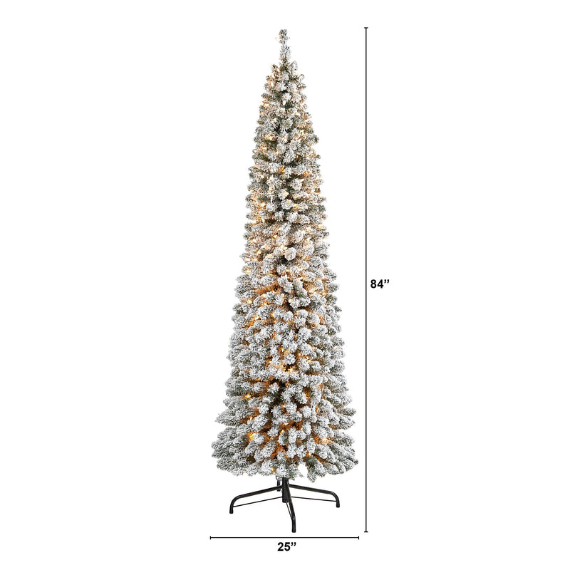 Nearly Natural 7-ft Flocked Pencil Artificial Christmas Tree with 400 Clear Lights and 574 Bendable Branches (T1907)