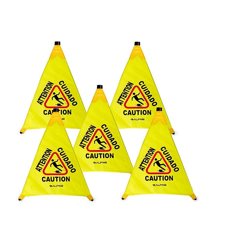 Alpine Industries Wet Floor Caution Cone Sign, 30"H, Yellow, 5/Pack (498-30-5pk)