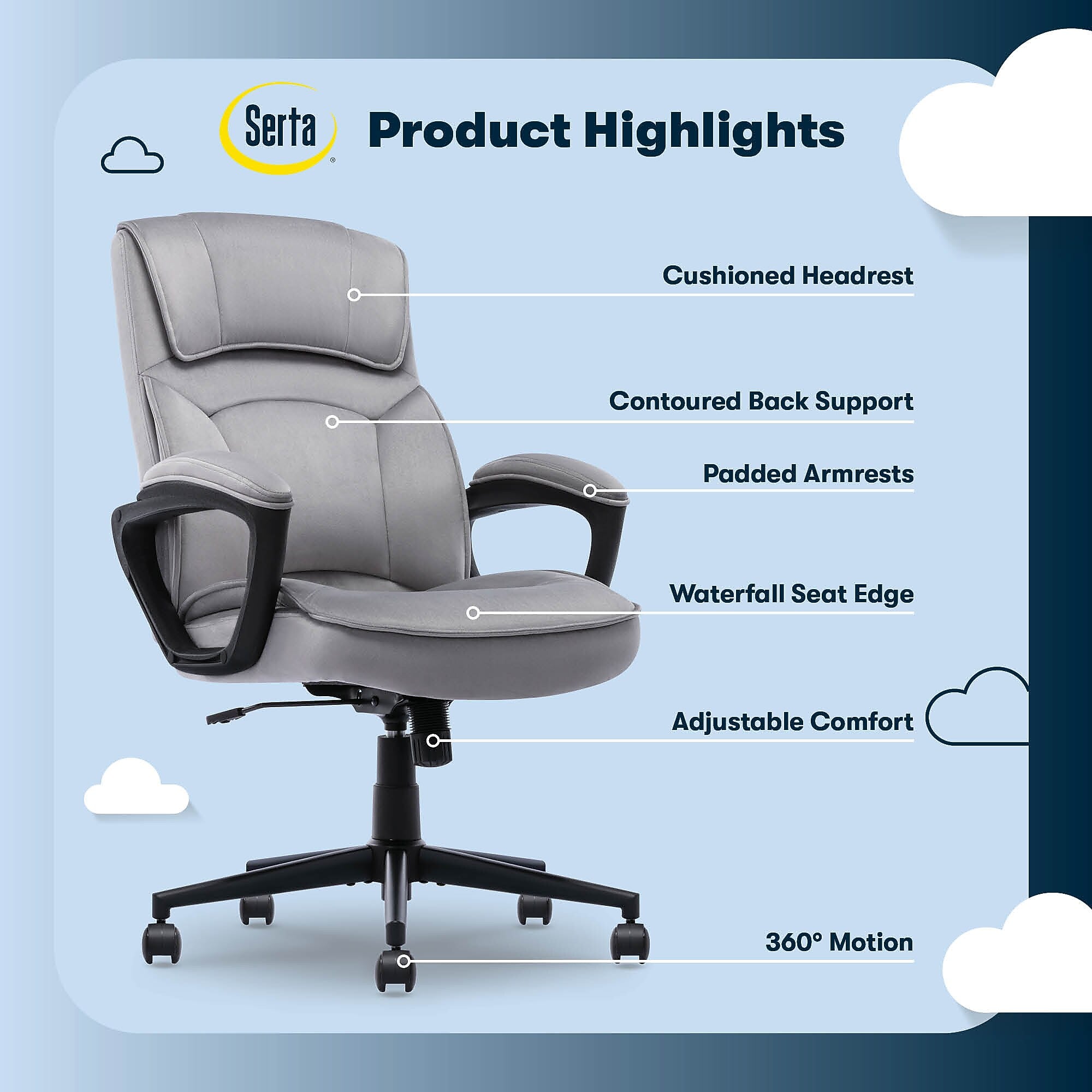 Serta Comfort Classic Ergonomic Velvet Fabric Swivel Executive Chair, Gray (CCHR10005A)