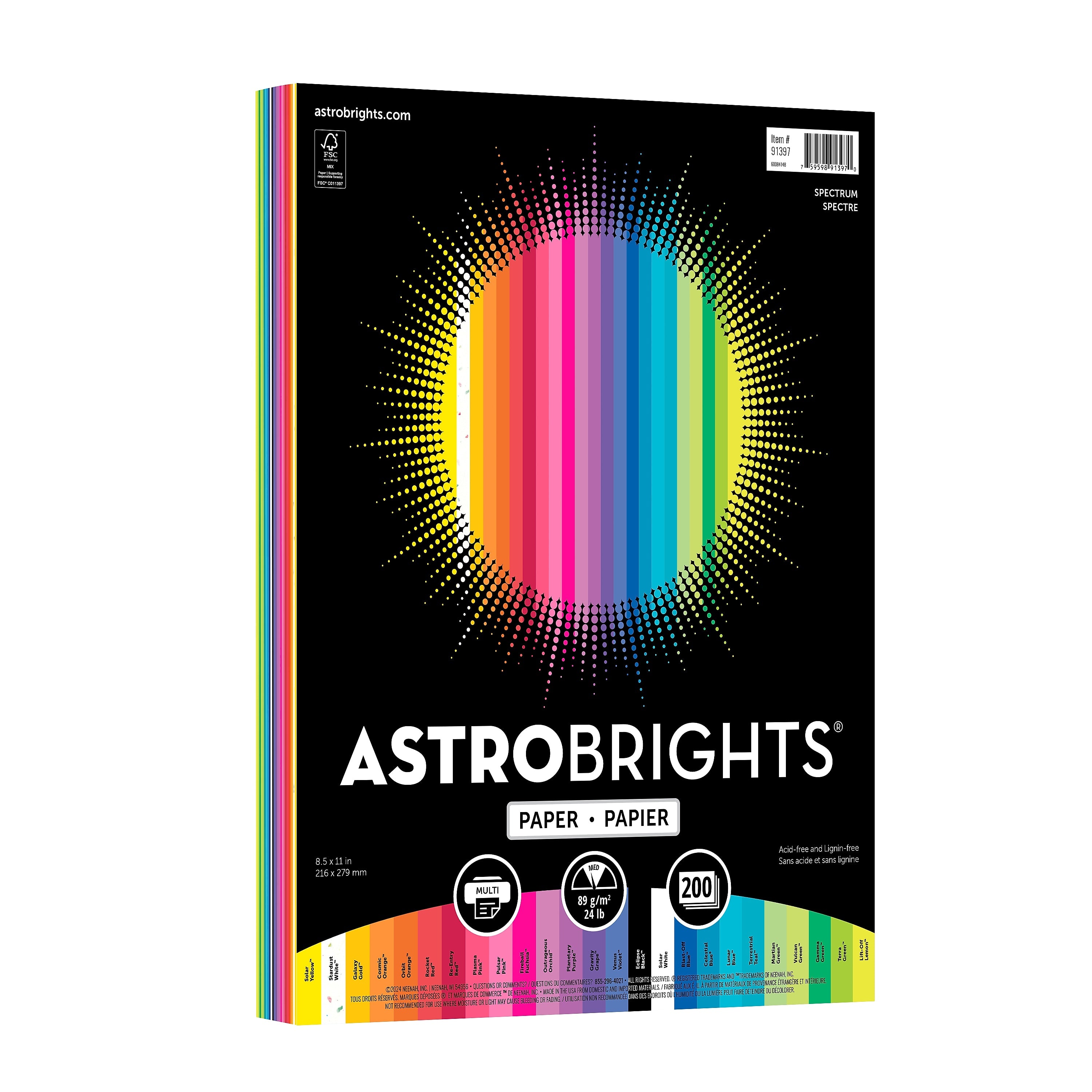 Astrobrights Colored Paper, 24 lbs., 8.5" x 11", Assorted Spectrum Colors, 200 Sheets/Ream (91397)