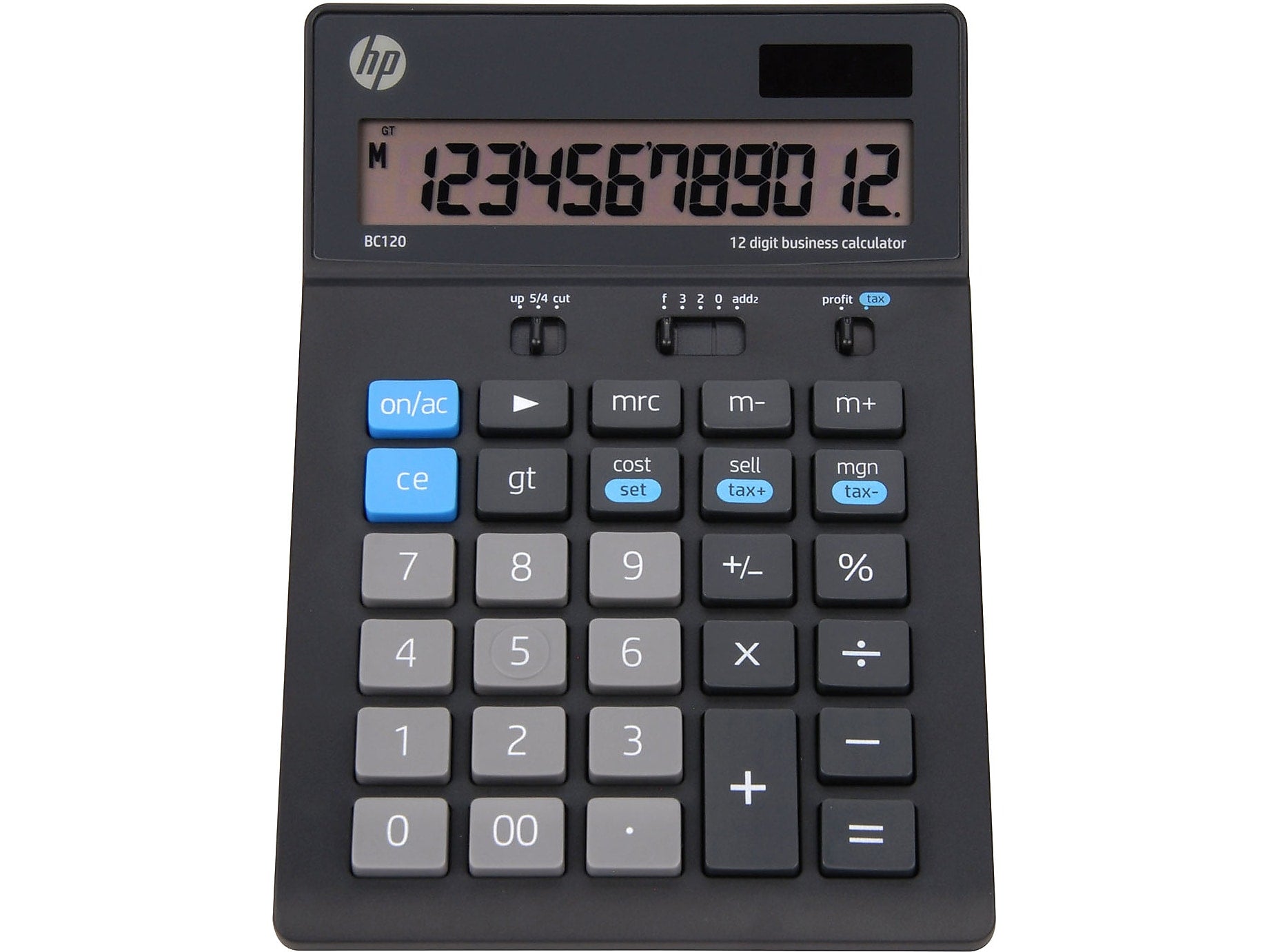 HP BC120 12-Digit Battery/Solar Powered Basic Calculator, Black/Gray (91074U)