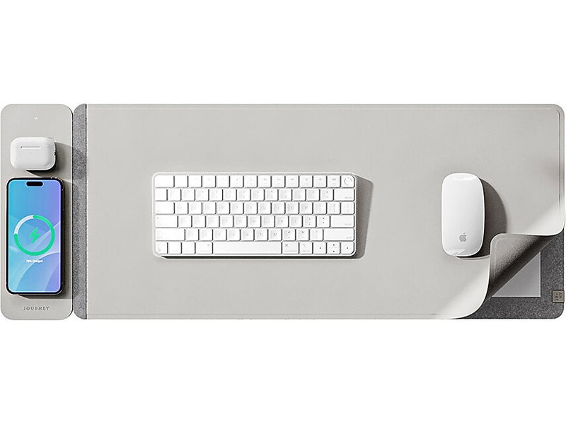 JOURNEY ALTI SLIM Wireless Charging Vegan Leather/Felt Desk Pad, 11.8" x 32.6", Light Gray (JWCDMSLG)