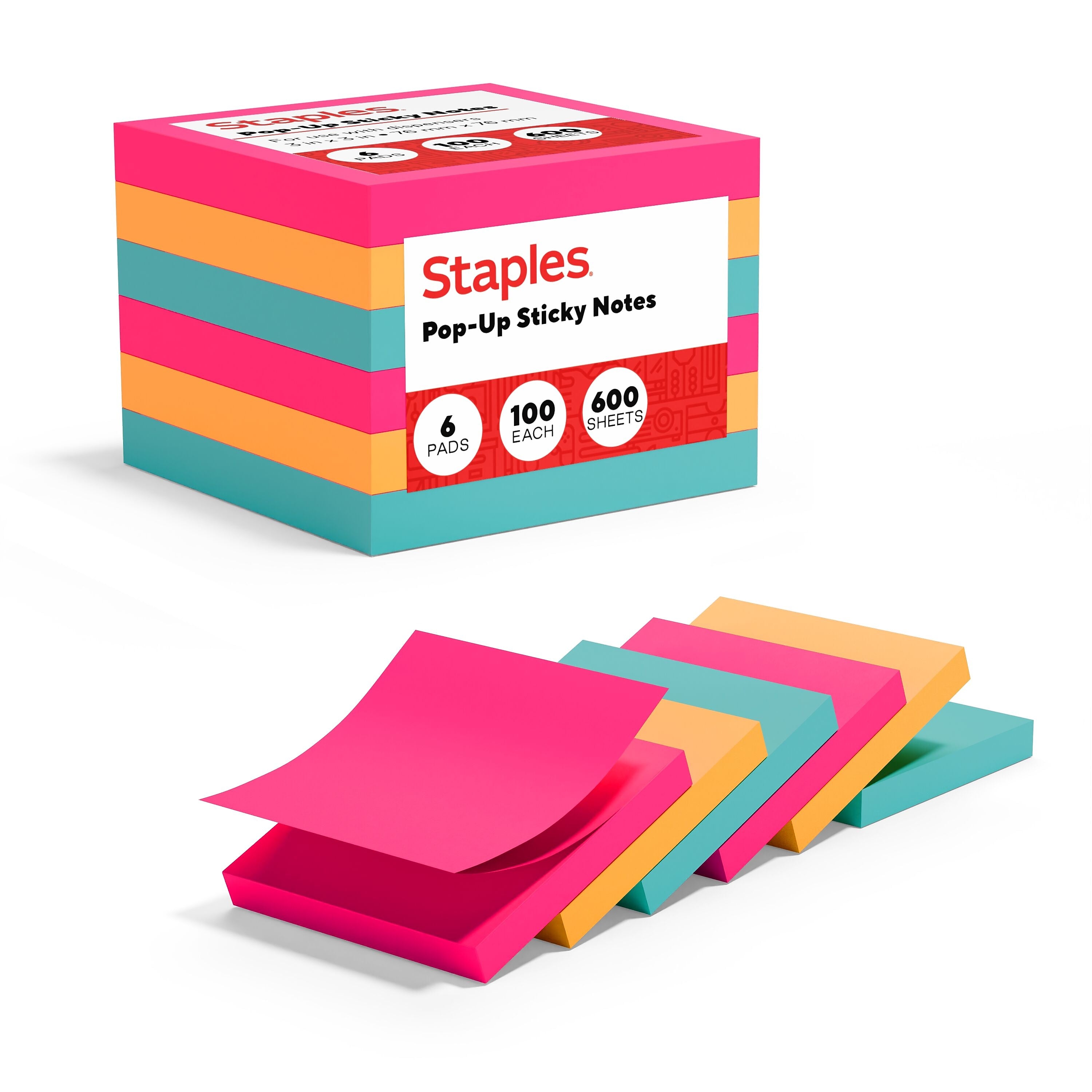 Staples Pop-up Sticky Notes, 3" x 3", Tropics Collection, 100 Sheets/Pad, 6 Pads/Pack (S33BRP6/52559)