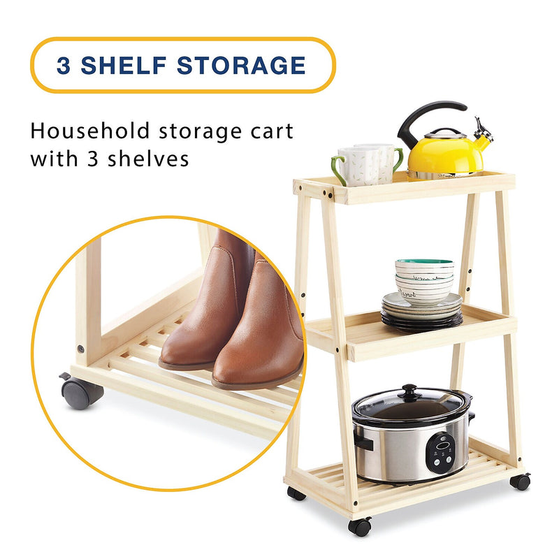 Whitmor 3-Shelf Wood Mobile Kitchen Cart with Lockable Wheels, Natural (6026-11895)