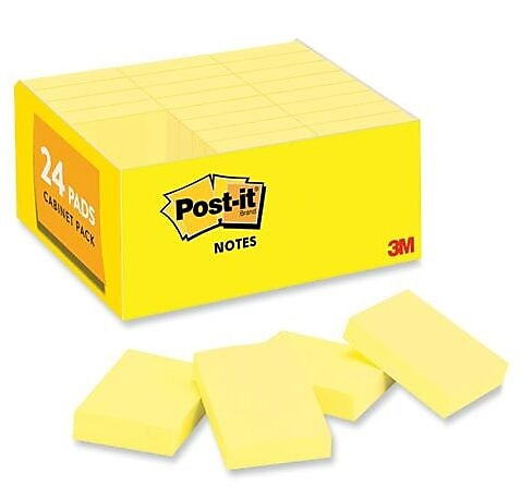 3M Post It Notes Canary Yellow,1.38" x 1.88", 100 Sheets/Pad, 24 Pads/Pack (MMM65324VAD)