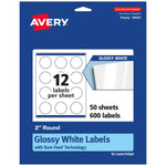 Avery Laser/Inkjet Round Multipurpose Labels, 2" Dia, Glossy White, 600 Labels/Box (94501)
