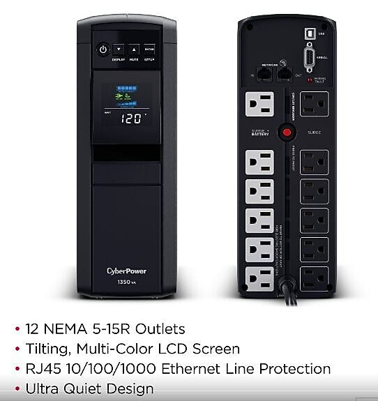 CyberPower PFC Sinewave Series 1350VA UPS, 10-Outlets, Black (CP1350PFCLCD)