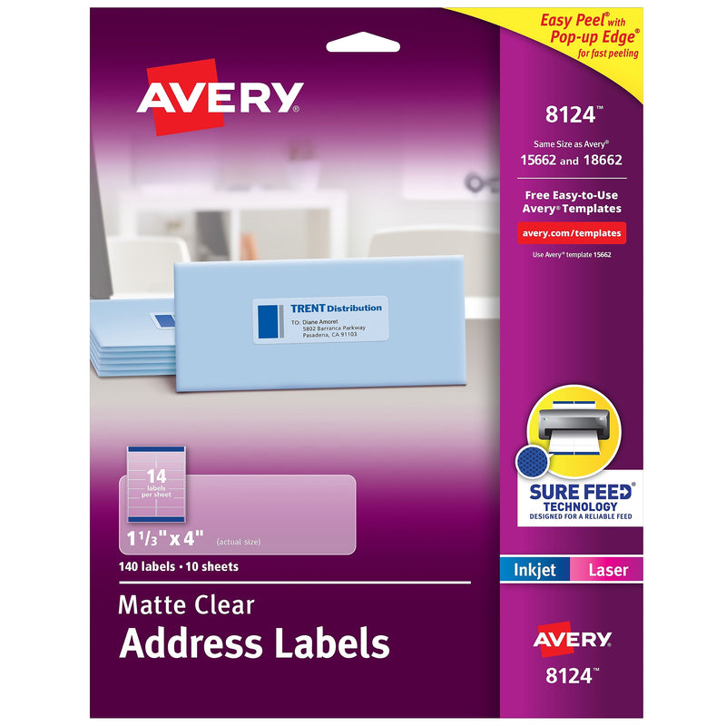 Avery Laser/Inkjet Address Labels, 1-1/3" x 4", Matte Clear, 140 Labels/Pack (8124)