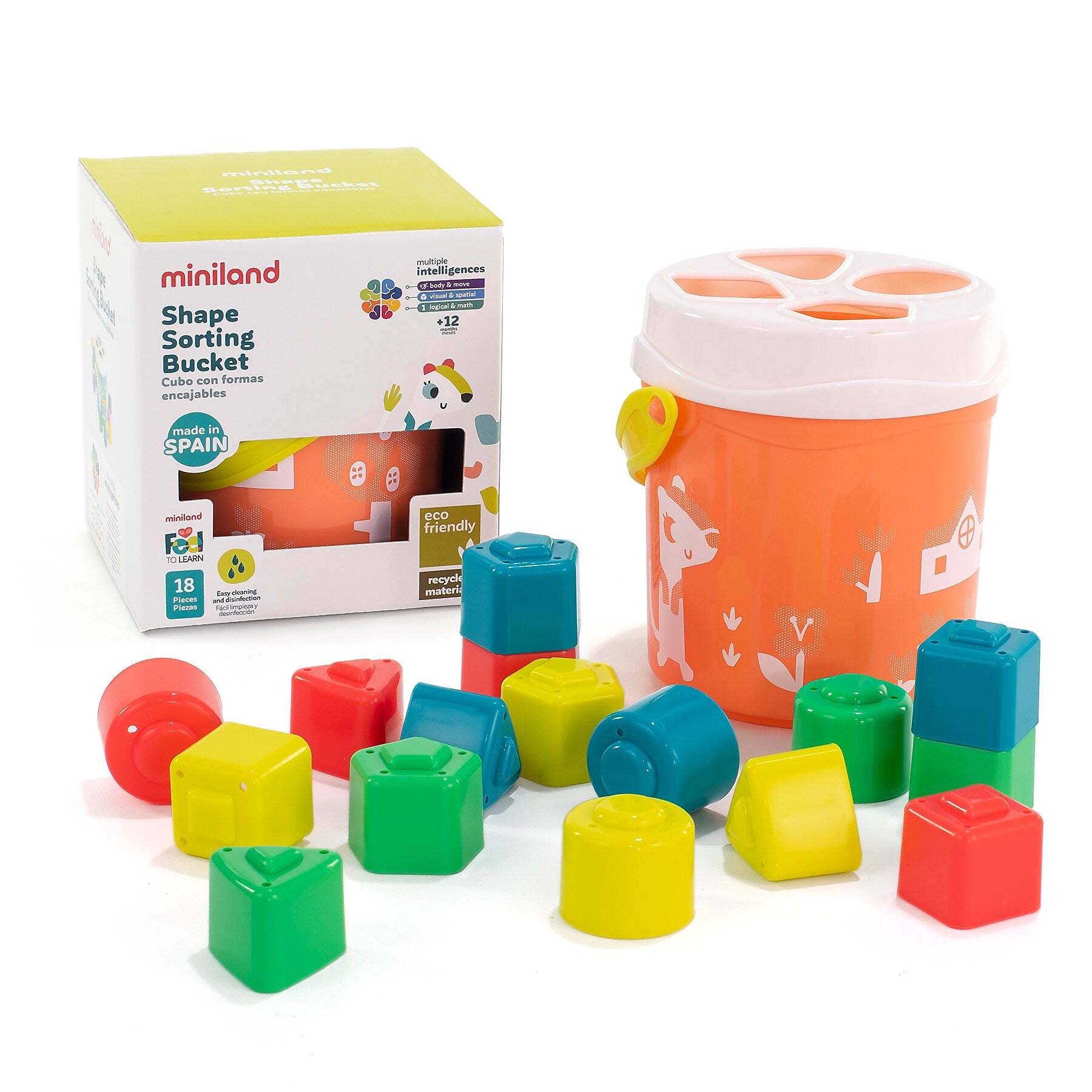 MINILAND Feel to Learn: Shape Sorting Bucket, Salmon, 18 Pieces/Set (MLE97342)