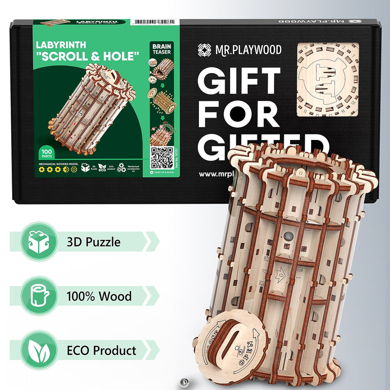 Mr.Playwood Labyrinth Scroll & Hole 3D Wooden STEM Puzzle, 100 Pieces/Set (AVRAV1612203)