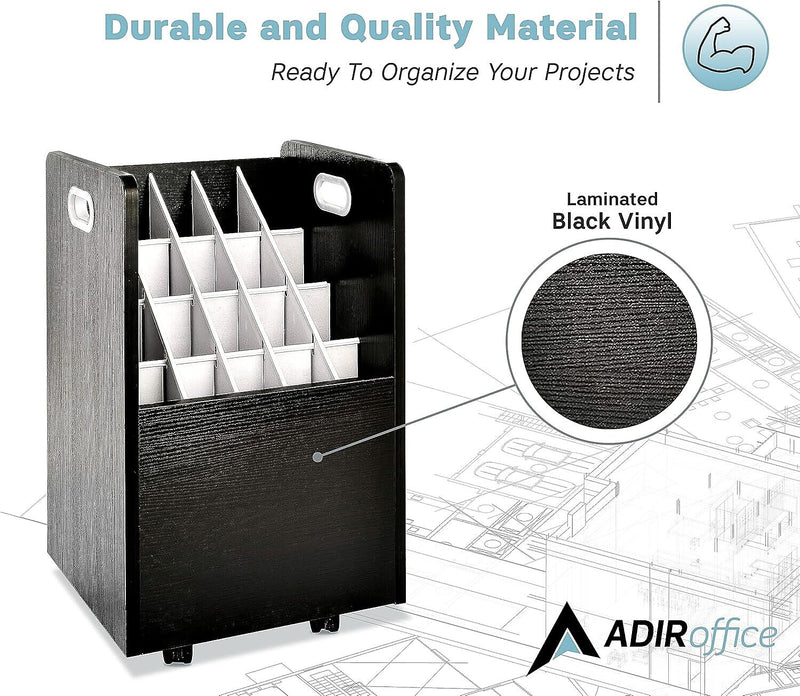 AdirOffice 20-Slot Mobile Roll File, 24.75" H x 15.25" W x 13.25" D, Black (624-BLK-KIT1)
