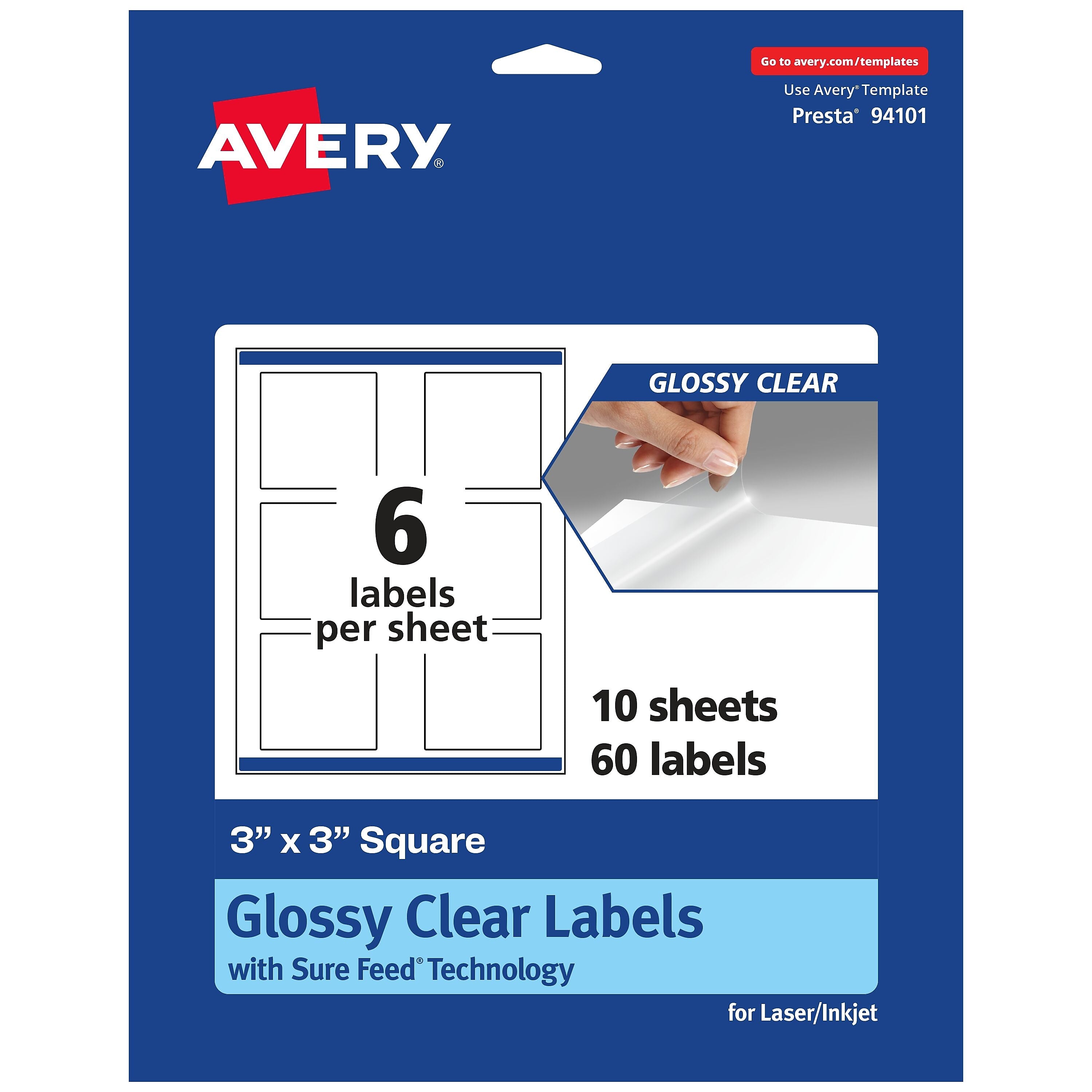 Avery Laser/Inkjet Square Glossy Clear Labels, 3" x 3", Clear, 60 Labels/Pack (94101)