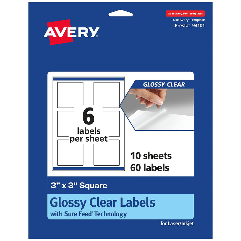 Avery Laser/Inkjet Square Glossy Clear Labels, 3" x 3", Clear, 60 Labels/Pack (94101)