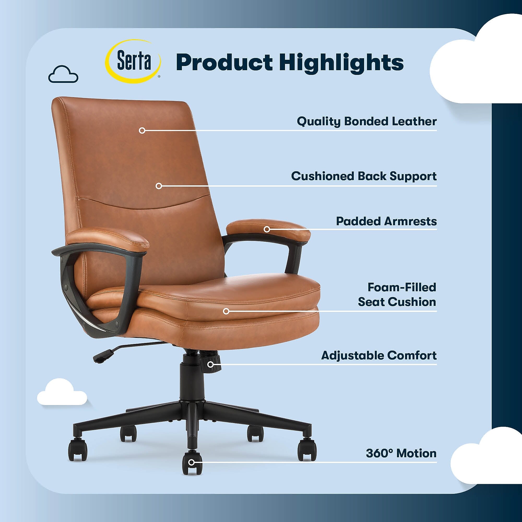 Serta Comfort Modern Ergonomic Bonded Leather Swivel Executive Chair, Cognac (CHR10132D)
