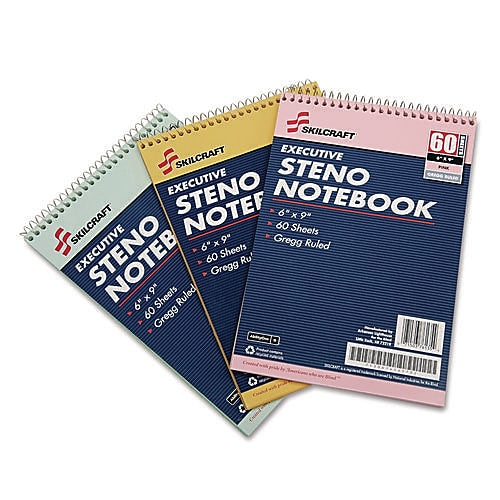 AbilityOne Steno Pad, 6" x 9", Gregg Ruled, Assorted Colors, 60 Sheets/Pad, 3 Pads/Pack (NSN4545702)
