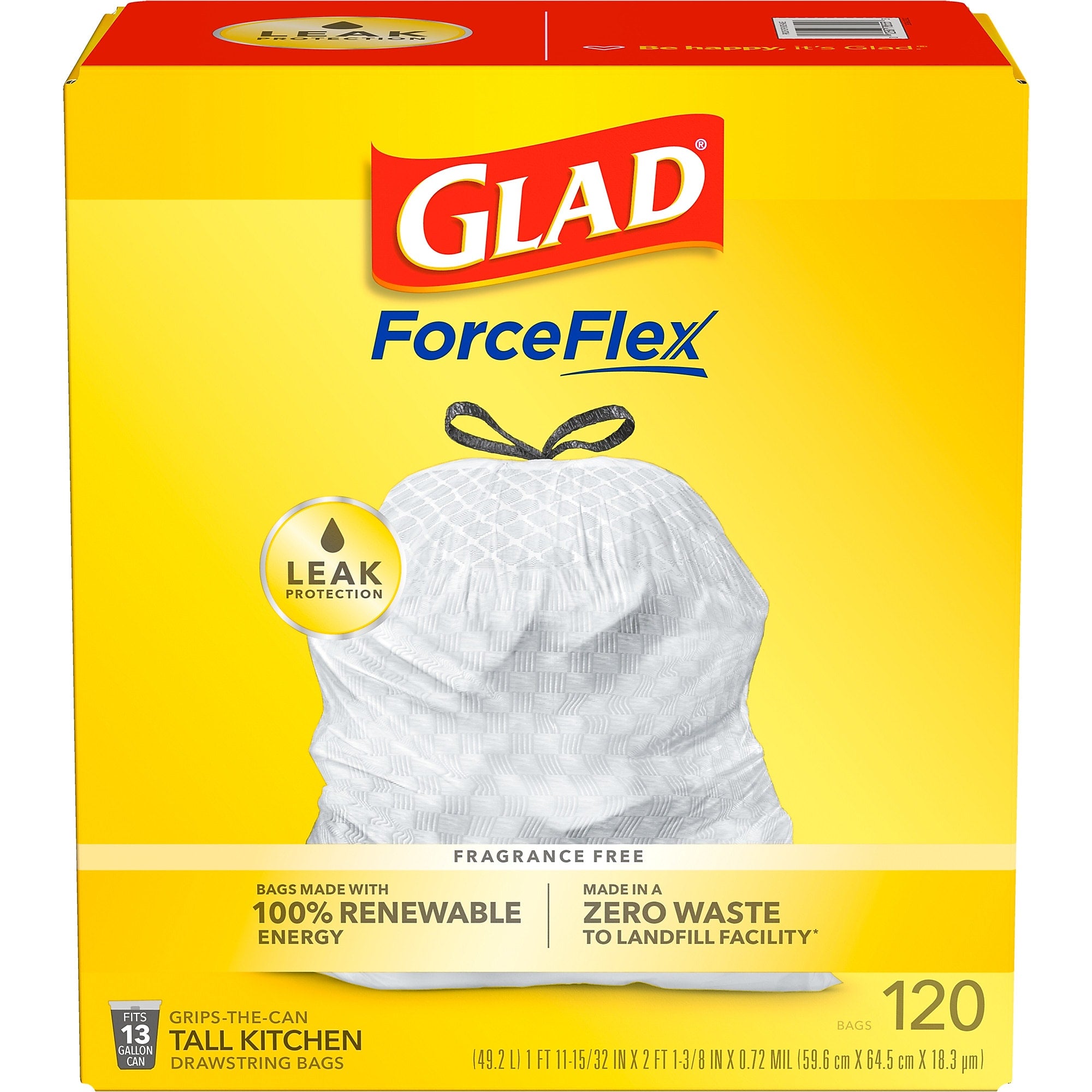 Glad ForceFlex Tall 13 Gallon Kitchen Drawstring Trash Bags, White, 120/Box (78939)
