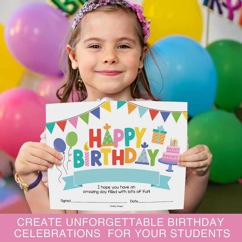Hadley Designs Colorful Happy Birthday Certificates For Students, 8" x 10", Multicolored, 25/Pack (HDDX004A3KO4B)