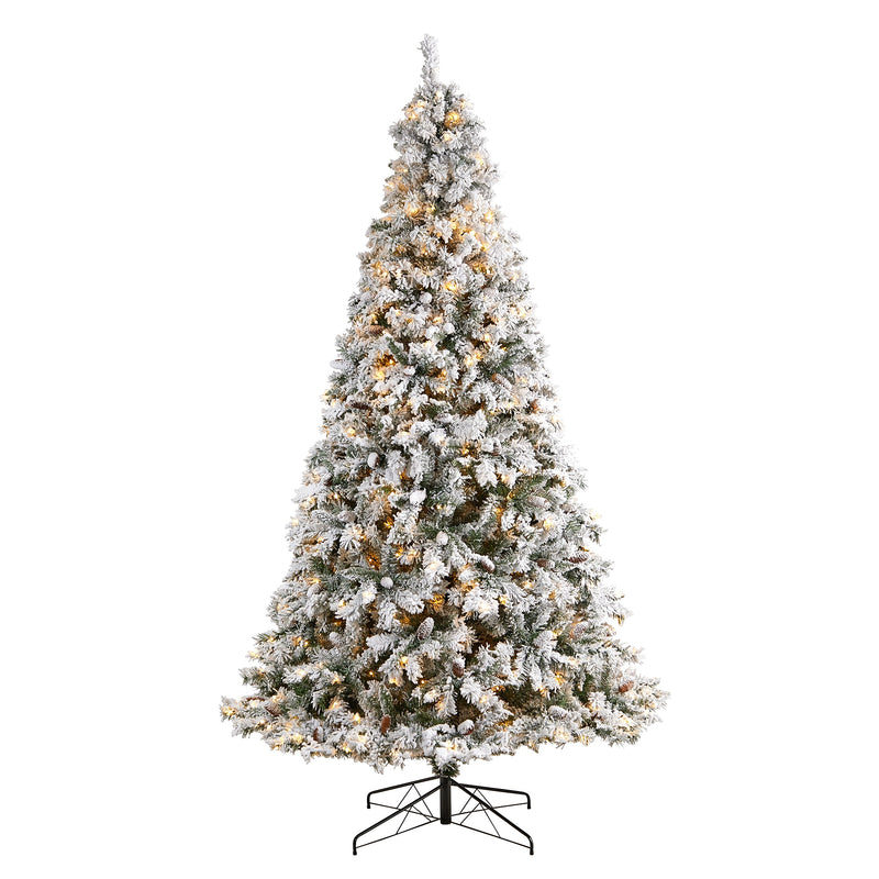 Nearly Natural 9-ft Flocked White River Mountain Pine Artificial Christmas Tree with Pinecones and 650 Clear LED Lights (T3384)