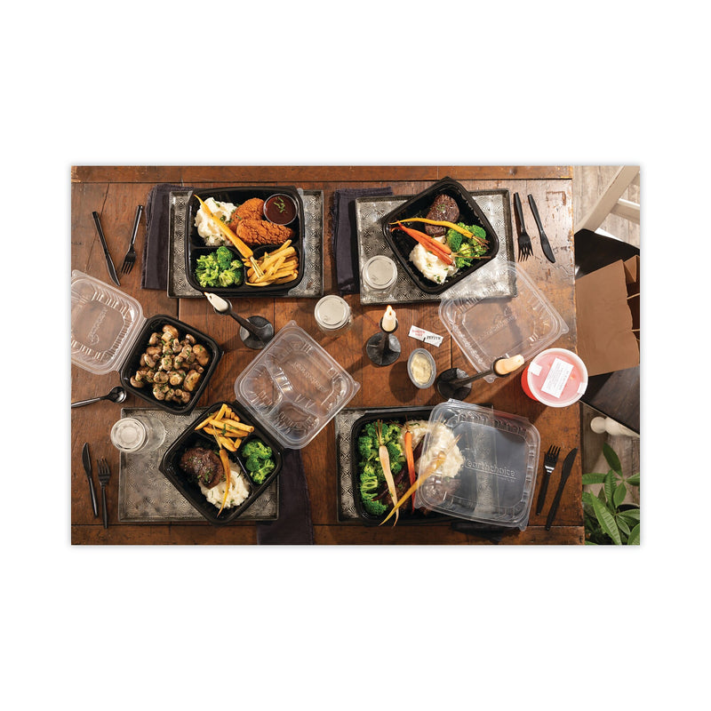 Pactiv Evergreen EarthChoice Vented Microwavable Hinged Lid Container, 3-Compartment Base/Lid, 34 oz, Blk/Clr, Plastic, 132/CT