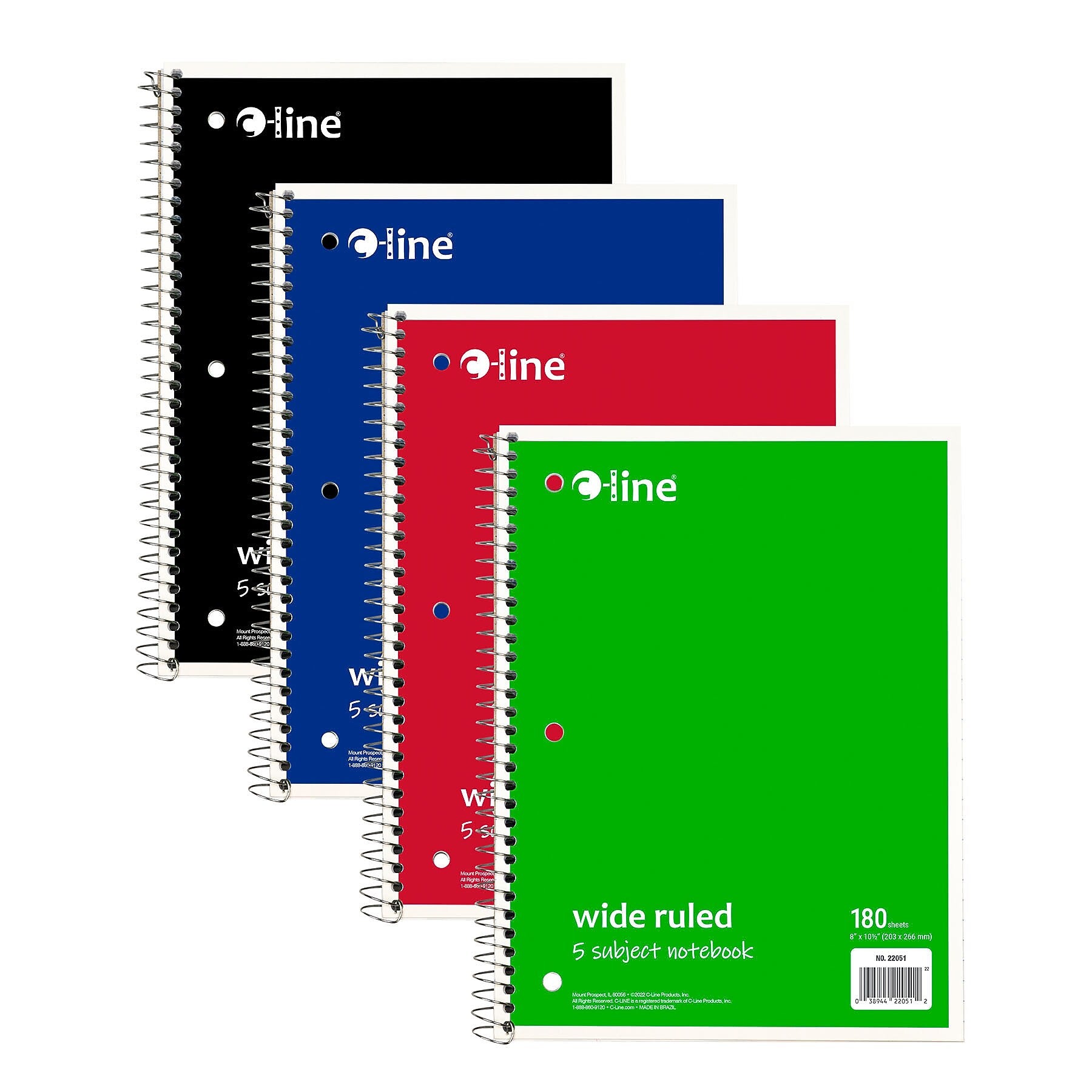 C-Line 5-Subject Subject Notebooks, Wide Ruled, 180 Sheets, Assorted Colors, 3/Bundle (CLI22051-3)