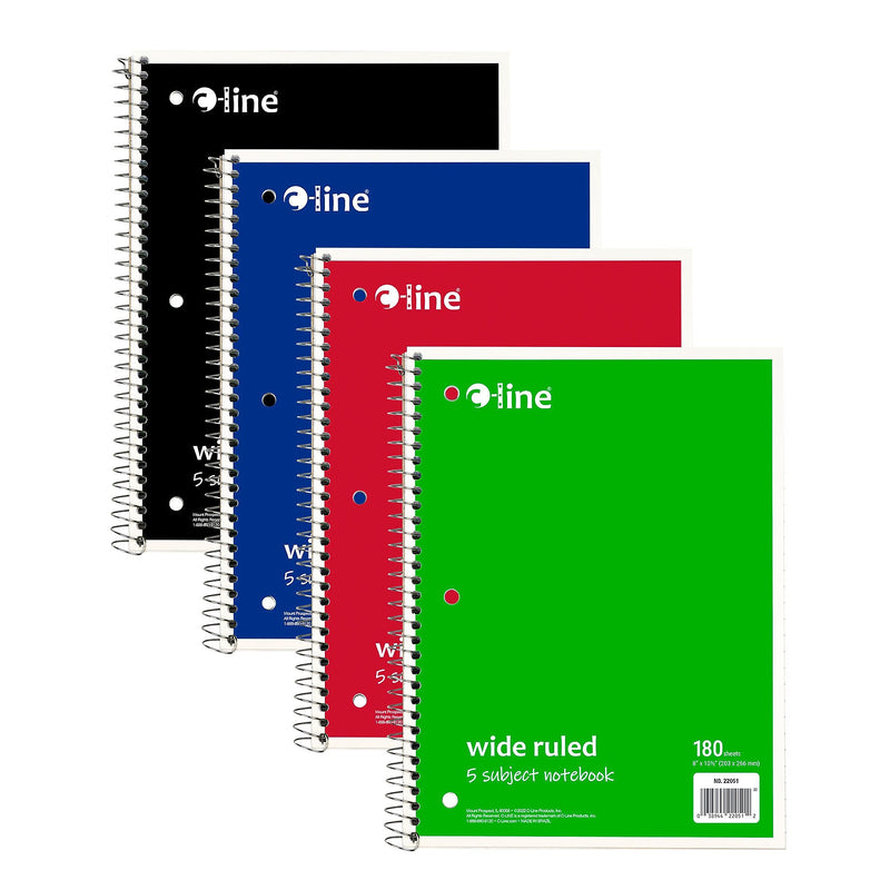C-Line 5-Subject Subject Notebooks, Wide Ruled, 180 Sheets, Assorted Colors, 3/Bundle (CLI22051-3)
